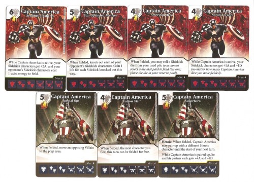 All 7 versions of the First Avenger from both sets and, incidentally, all you need to play Marvel Dice Masters!
