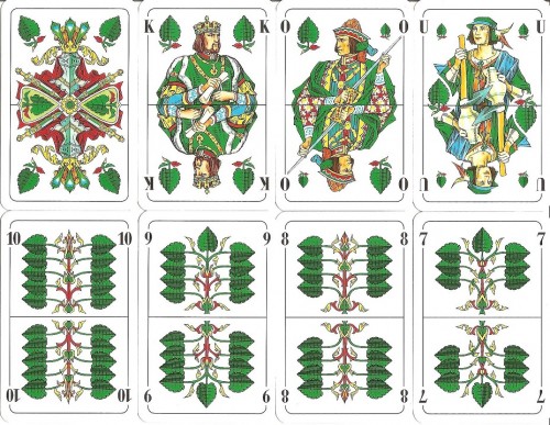 The suit of leaves from a 32-pace German Skat deck, a micro deck to American/French standards. Can play something a little simpler (Schnapsen), more sophisticated (Laus), or really brain-burning (Skat) - variety and value!