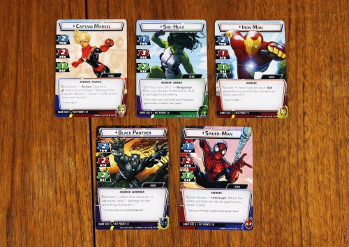 Captain Marvel, She-Hulk, Iron Man, Black Panther, and Spider-Man hero cards